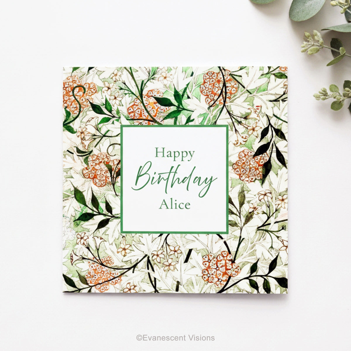 A square floral birthday personalised card with design 'Jasmin' by William Morris styled with flowers