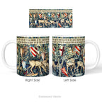 Left and right side views of a ceramic mug with a print of tapestry design 'Verdure with Shields and Deer'.