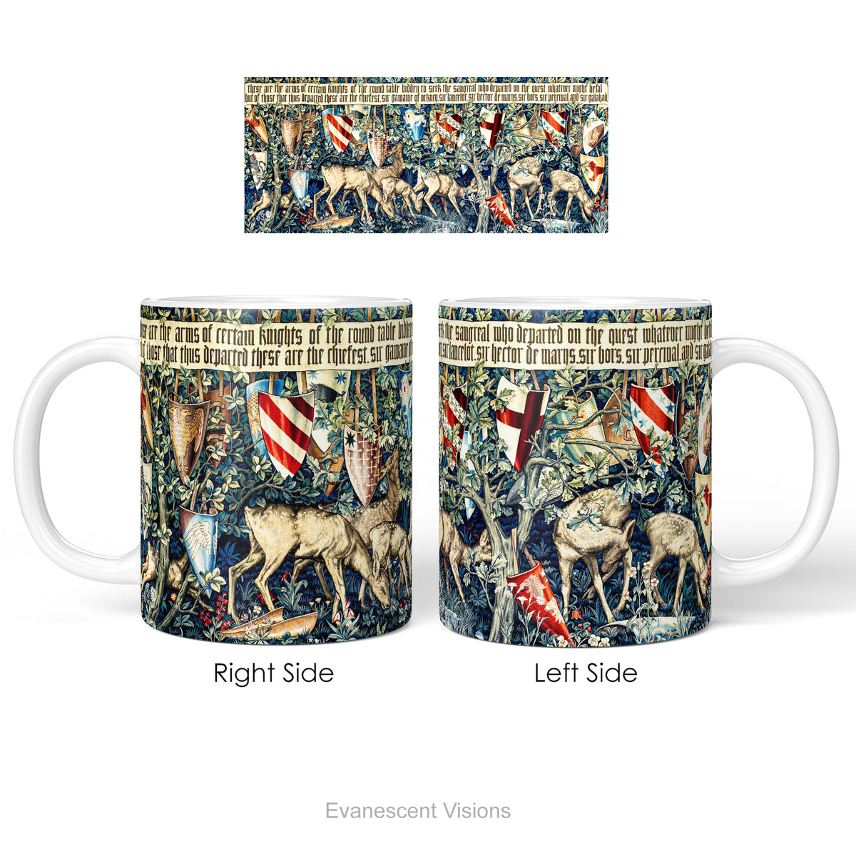 Left and right side views of a ceramic mug with a print of tapestry design 'Verdure with Shields and Deer'.