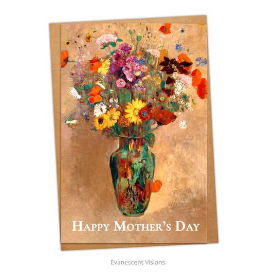 Card and envelope. Card has bouquet of flowers in vase and the words, 'Happy Mother's Day' on the front.