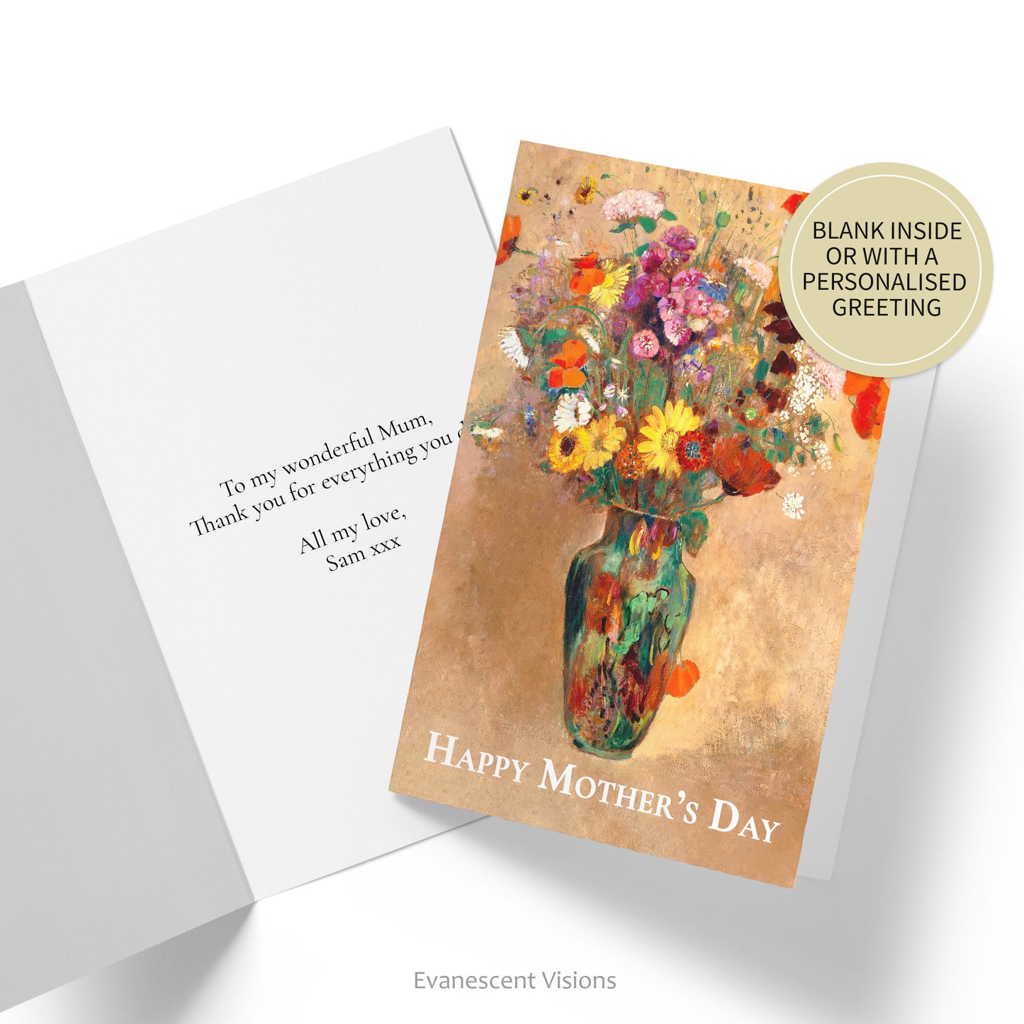 Card with bouquet of flowers in vase and the words, 'Happy Mother's Day' on the front. Inside of card shown with custom greeting.