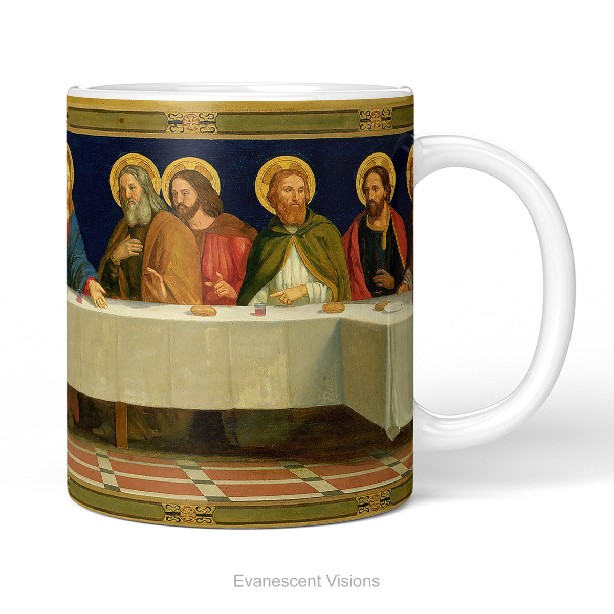 A ceramic mug featuring religious painting 'The Last Supper' by Henry Siddons Mowbray. 