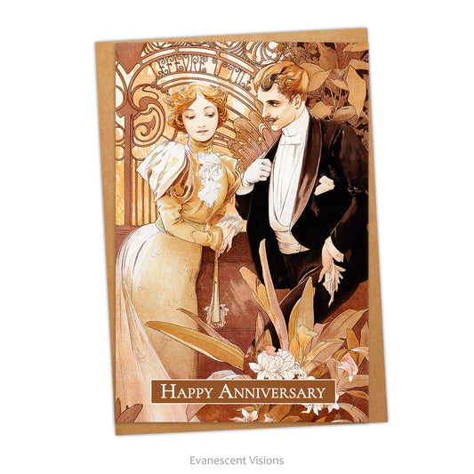 Card and envelope with loving couple on the front and the words 'Happy Anniversary'. The image comes from Alphonse Mucha's 'Flirt.'