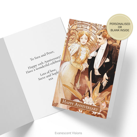 Card with loving couple on the front and the words 'Happy Anniversary'. The image comes from Alphonse Mucha's 'Flirt.' Inside of card shown with custom greeting. Sticker says 'Personalised or blank inside.'