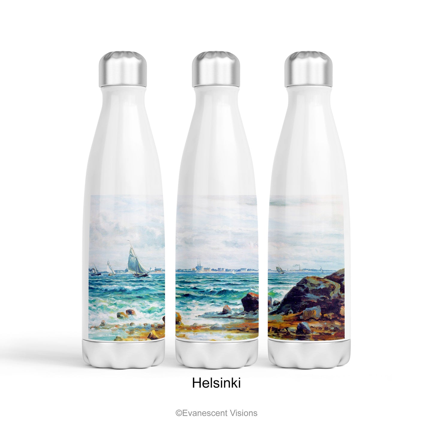 'Helsinki' design shown across three stainless steel bottles