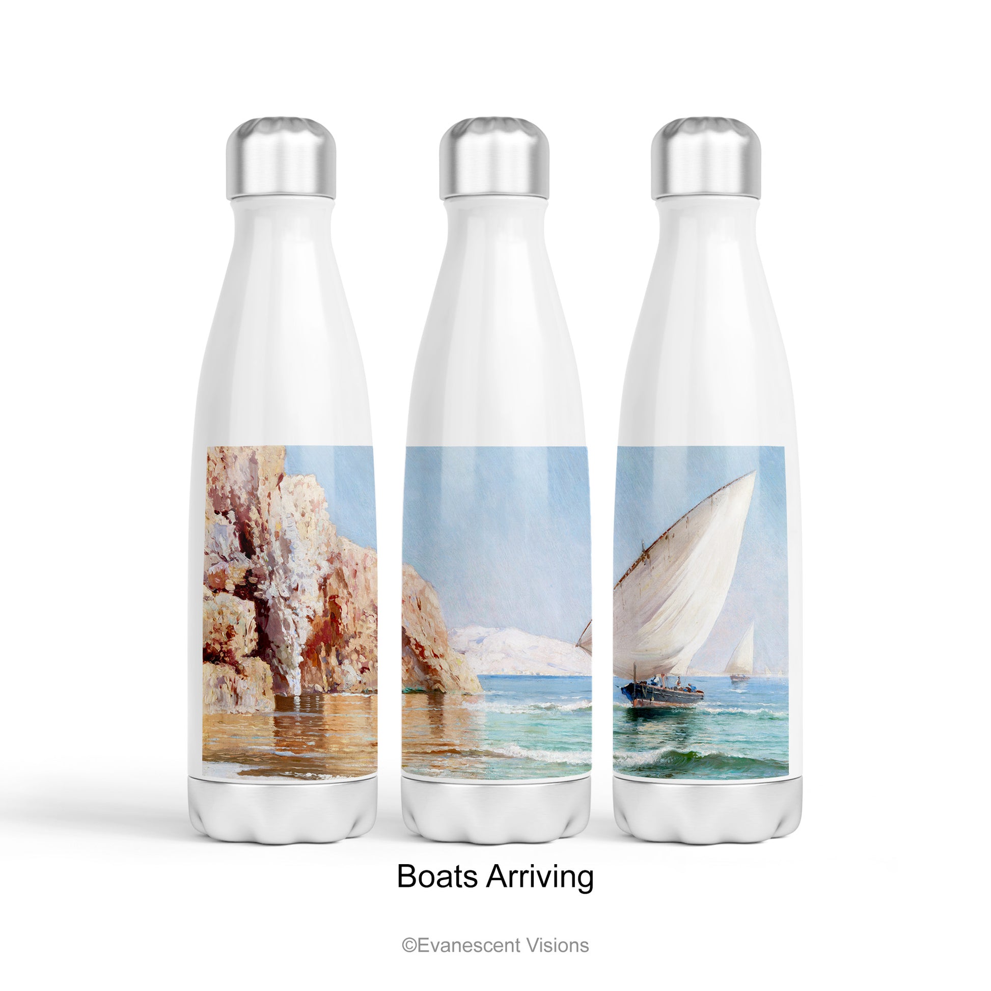 The 'Boats Arriving' design shown across three stainless steel bottles