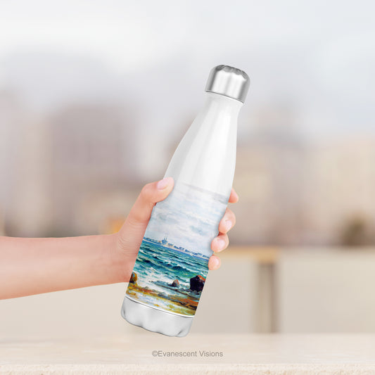 Stainless steel thermos water bottle with 'Helsinki' seascape design