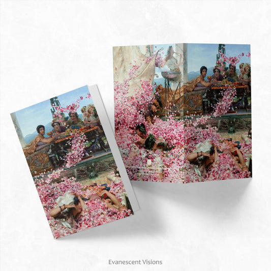 Front and back views of theAlma-Tadema Roses of Heliogabalus Fine Art Notecards