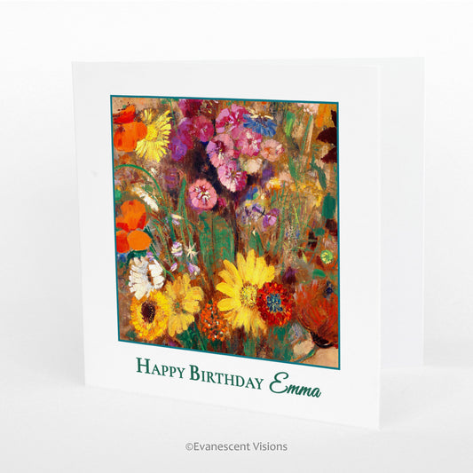 Wildflowers Bouquet Personalised Name Birthday Card standing on a white surface.