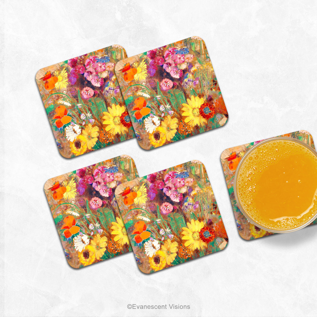Colourful Wildflowers Floral Coasters, with painting Grand Bouquet de fleurs de champs' by Odilon Redon, shown on a white background shown on a marble counter with a glass of orange juice