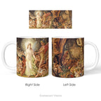 Left and right side views of a ceramic mug featuring artwork 'The Quarrel of Oberon and Titania' by Joseph Noel Paton.