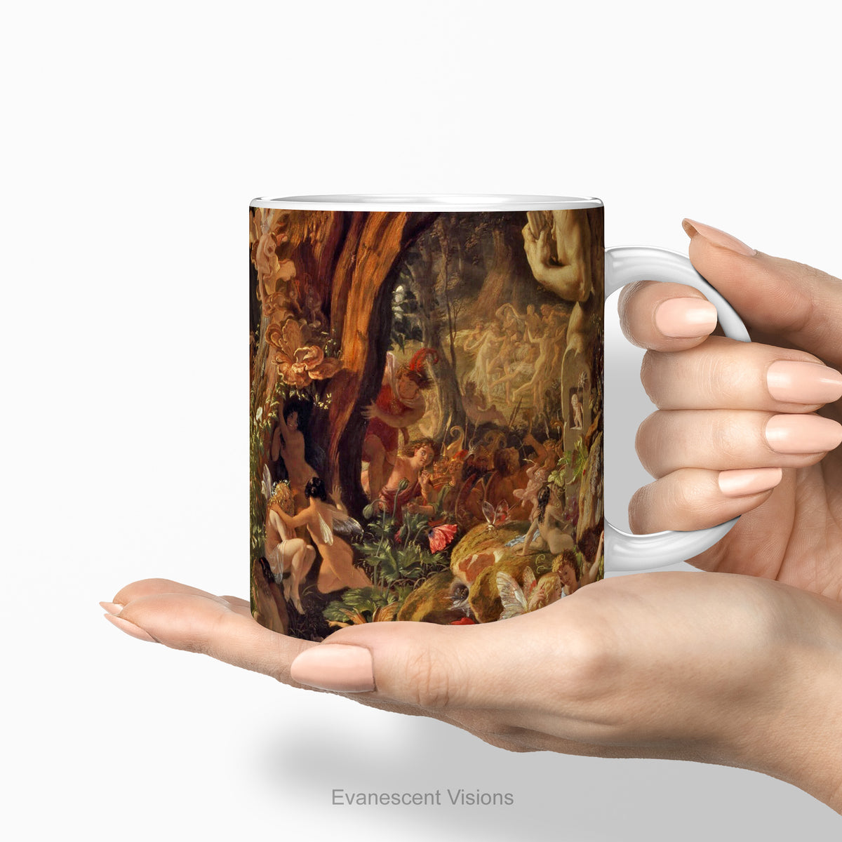 Hands holding a ceramic mug featuring artwork 'The Quarrel of Oberon and Titania' by Joseph Noel Paton.