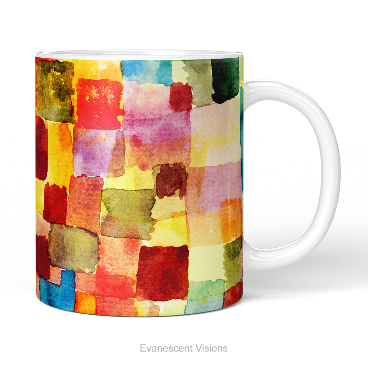 Ceramic mug featuring abstract watercolor design titled 'Untitled' by artist Paul Klee.