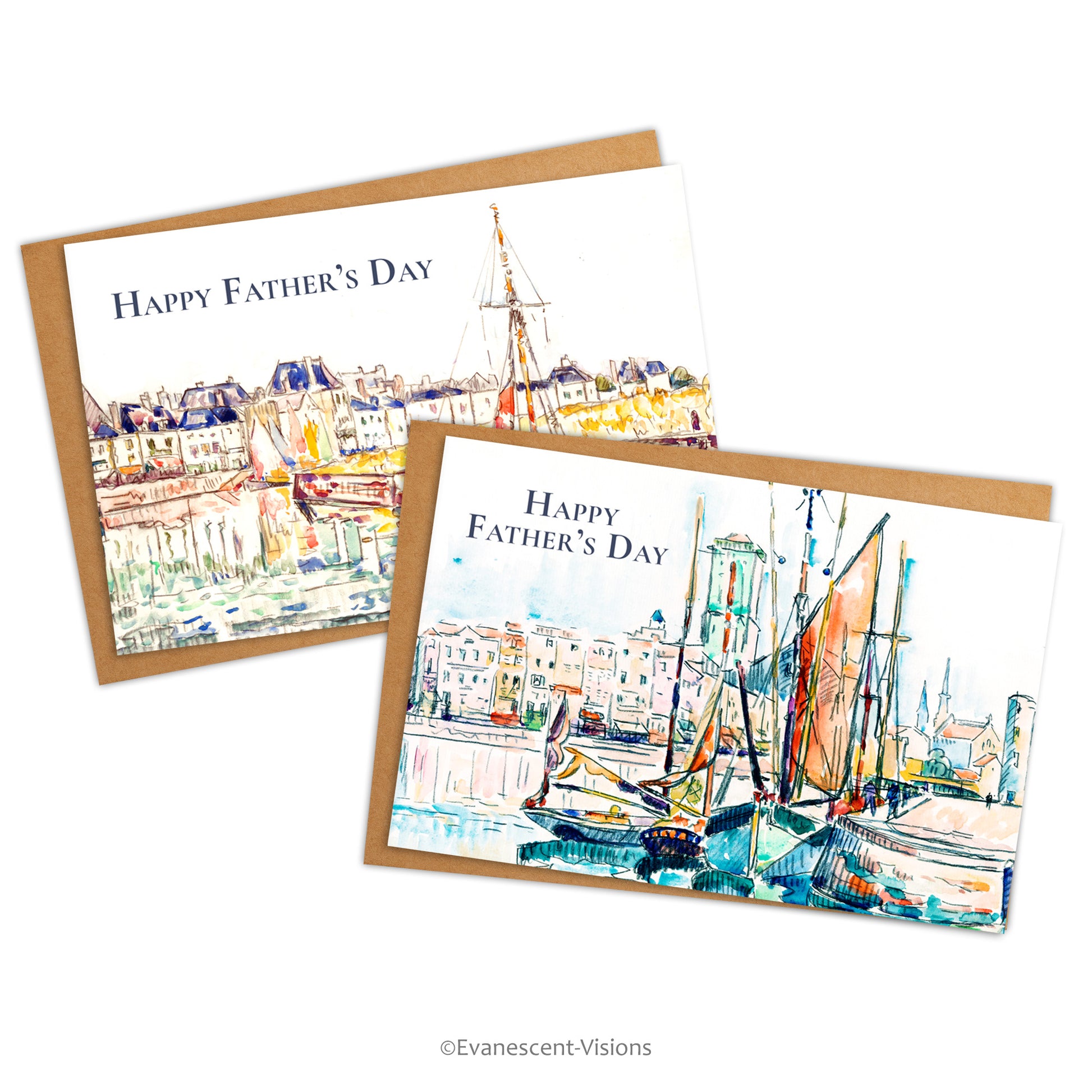 Two Father's Day cards and envelopes with paintings by Paul Signac, showing fishing boats in port.