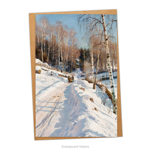 Winter's Day Sleigh Ride Traditional Christmas Card with artwork Sleigh Ride on a Sunny Winter Day by  Peder Mørk Mønsted, with an envelope. 