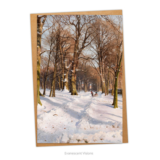 Snowy Forest Road Christmas Card with artwork Snowy Forest Road in Sunlight by Peder Mørk Mønsted