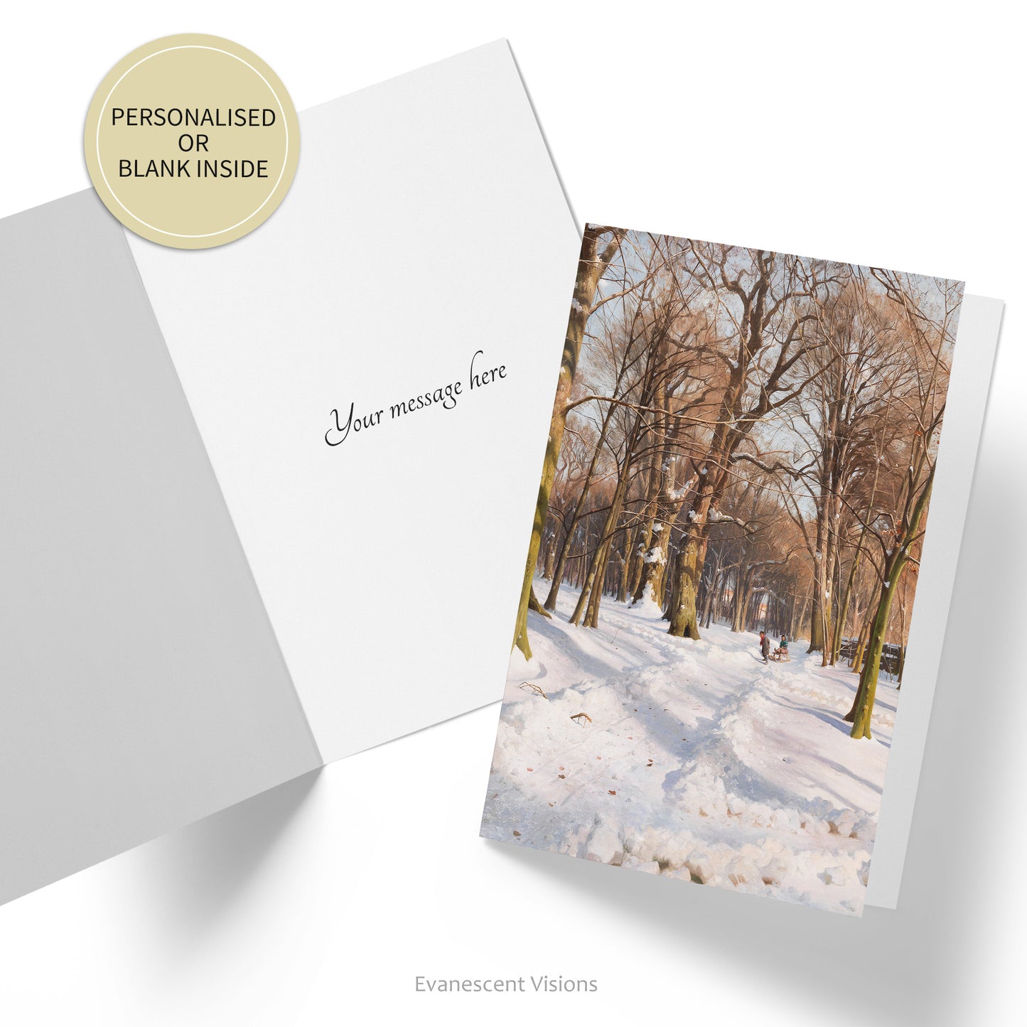 Front and inside view of the Snowy Forest Road Christmas Card , showing an example of a personalised message.