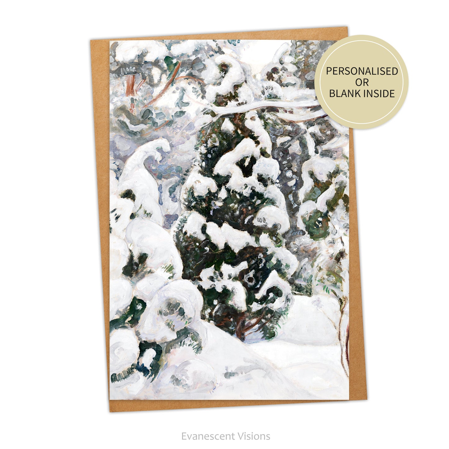 Juniper Tree in Snow Winter Holiday or Christmas Card with an envelope.