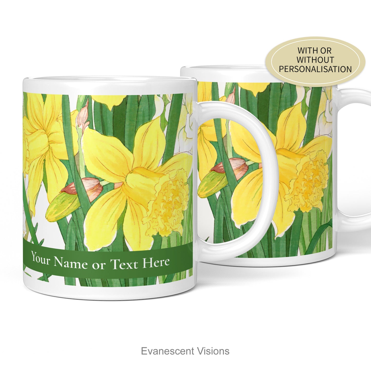 Mug shown with and without personalisation. Design from a woodblock painting of Spring Daffodil Flowers by artist Kônan Tanigami (1917-1924)