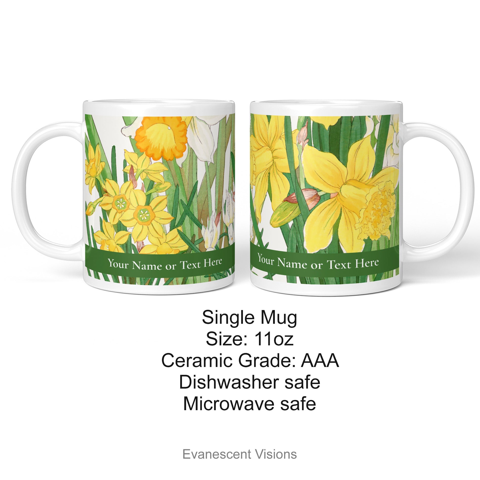 Personalised mug shown on both sides with design from a woodblock painting of Spring Daffodil Flowers by artist Kônan Tanigami (1917-1924) and product details