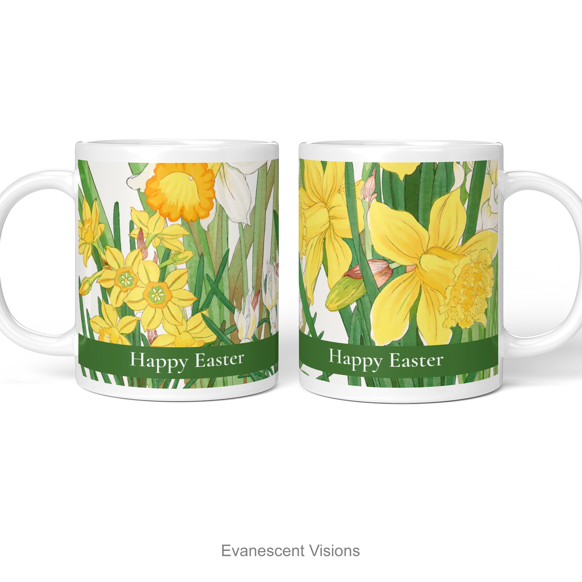 Personalised mug shown on both sides with design from a woodblock painting of Spring Daffodil Flowers by artist Kônan Tanigami (1917-1924)