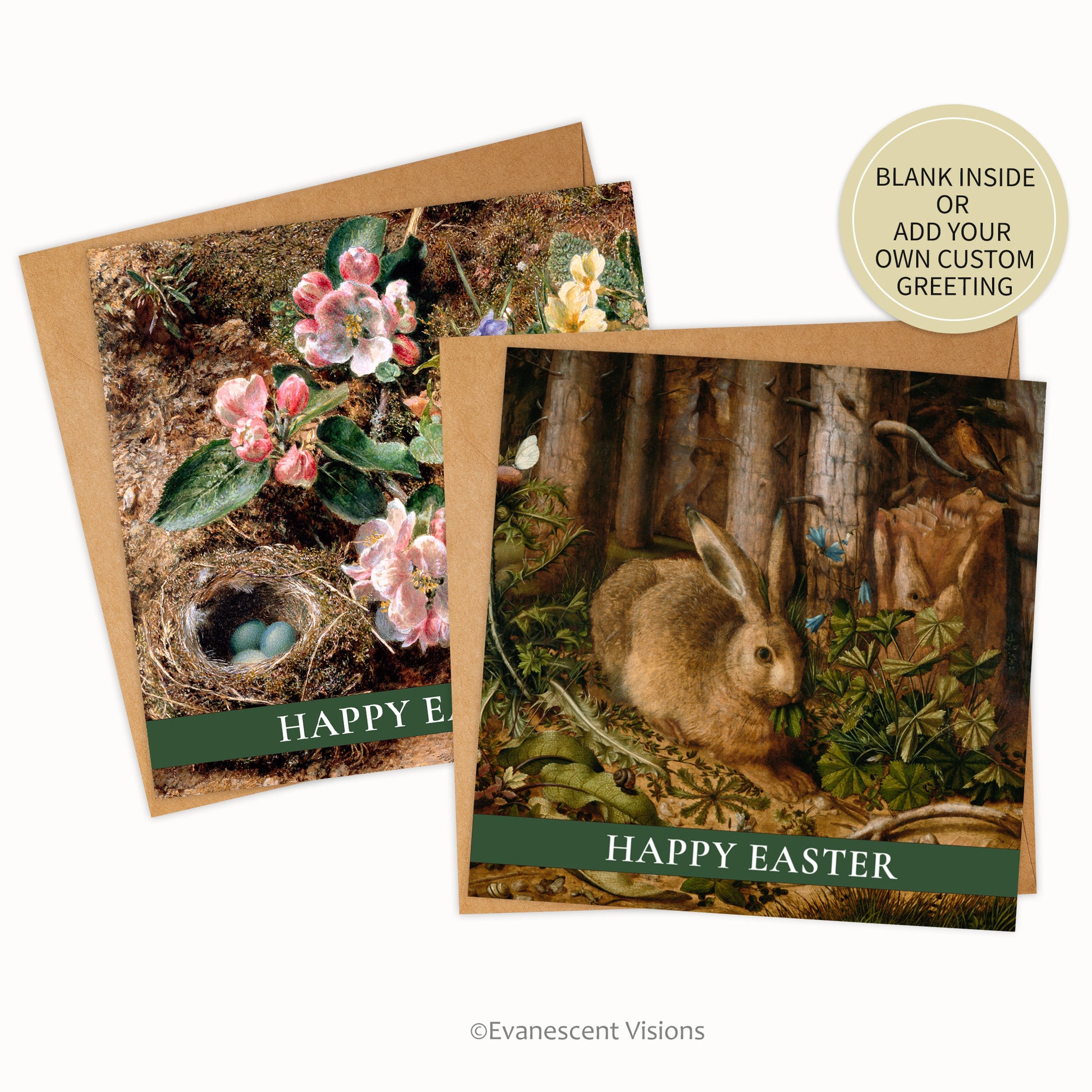Happy Easter Cards and envelopes with designs from nature paintings,  'Birds Nest, Apple Blossom and Primroses' by William Henry Hunt and 'A Hare in the Forest' by Hans Hoffmann. Gold sticker announces 'Blank inside or add your own custom greeting.'