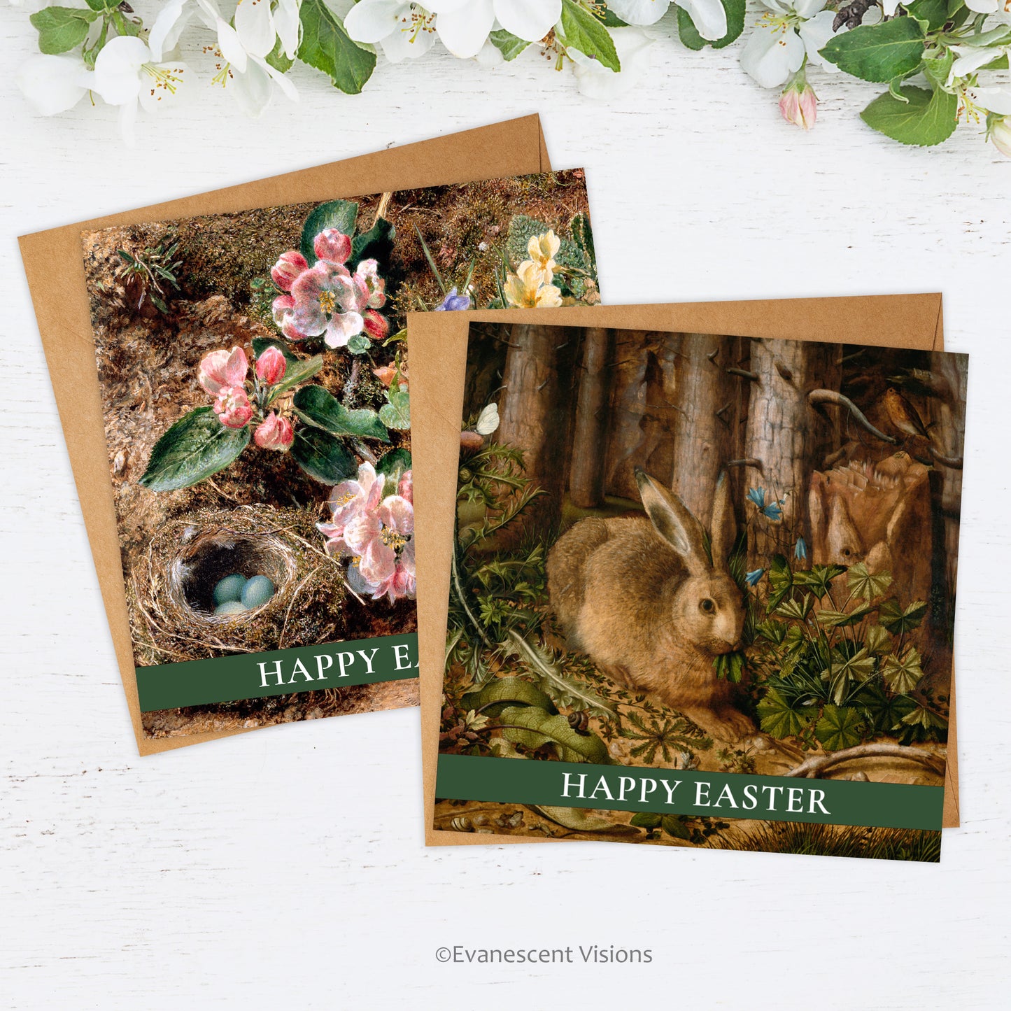 Happy Easter Cards and envelopes with designs from nature paintings,  'Birds Nest, Apple Blossom and Primroses' by William Henry Hunt and 'A Hare in the Forest' by Hans Hoffmann.