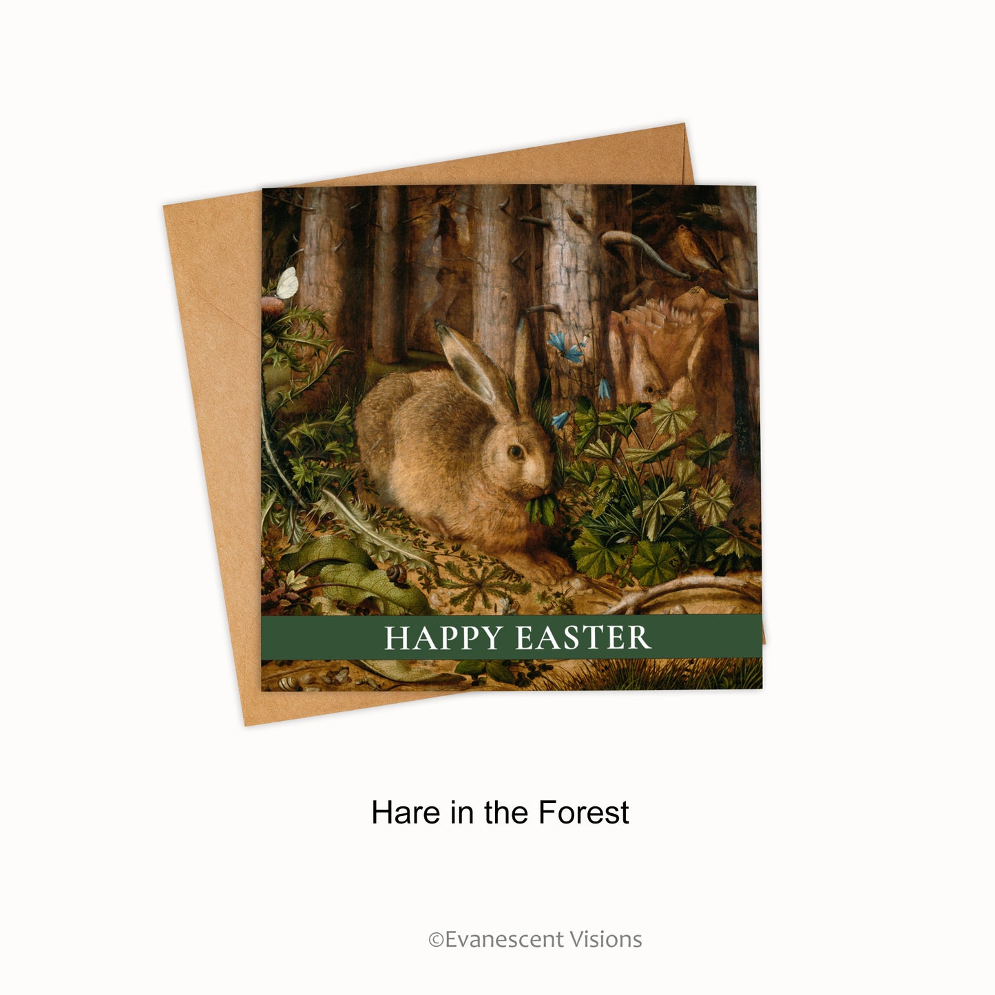 Card and envelope with design choice 'Hare in the Forest.'