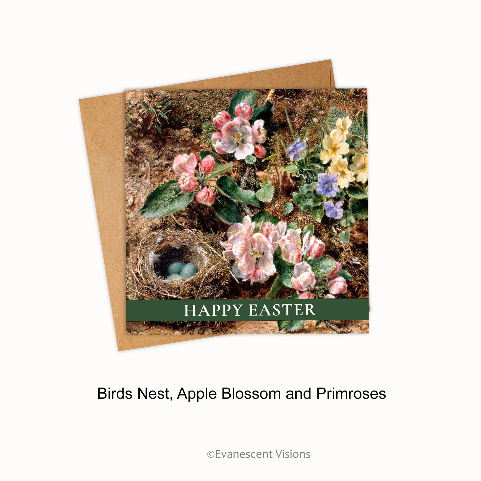 Card and envelope with design choice 'Birds Nest, Apple Blossom and Primroses