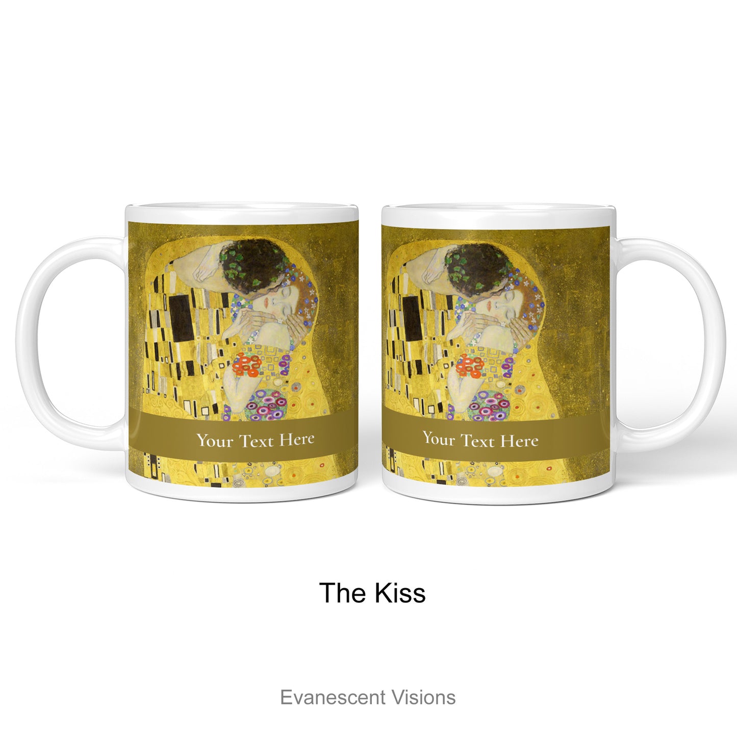 Front and back view of personalised mug with Gustav Klimt's The Kiss