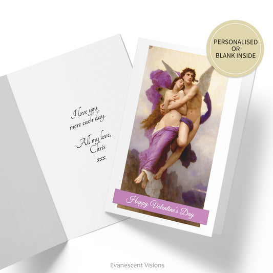 Valentine's Day card with the Rapture of Psyche by William-Adolphe Bouguereau and the inside of card showing an example of a personalised greeting