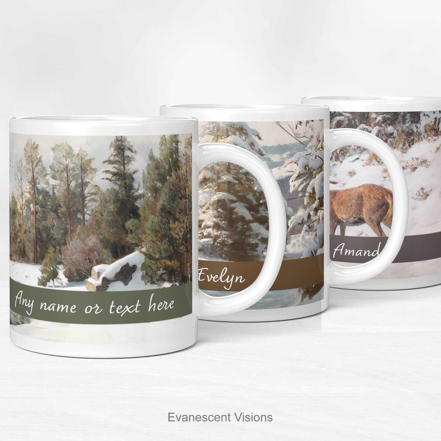 Personalised ceramic mugs with snowy winter landscapes scenes