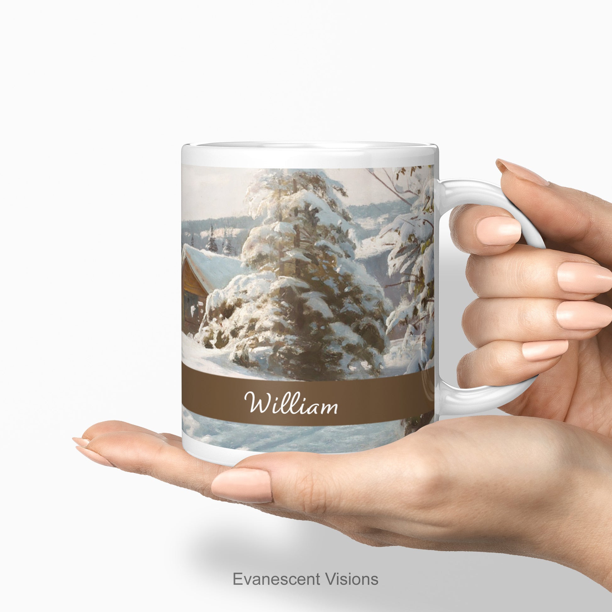 A personalised Snowy Winter Landscapes mug being held in a woman's hand