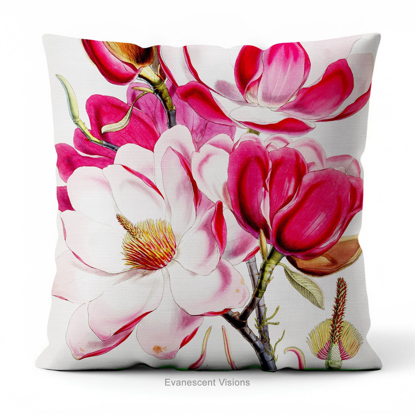A square cushion featuring a watercolor-style floral print of magnolia blossoms  artwork by Walter Hood Fitch