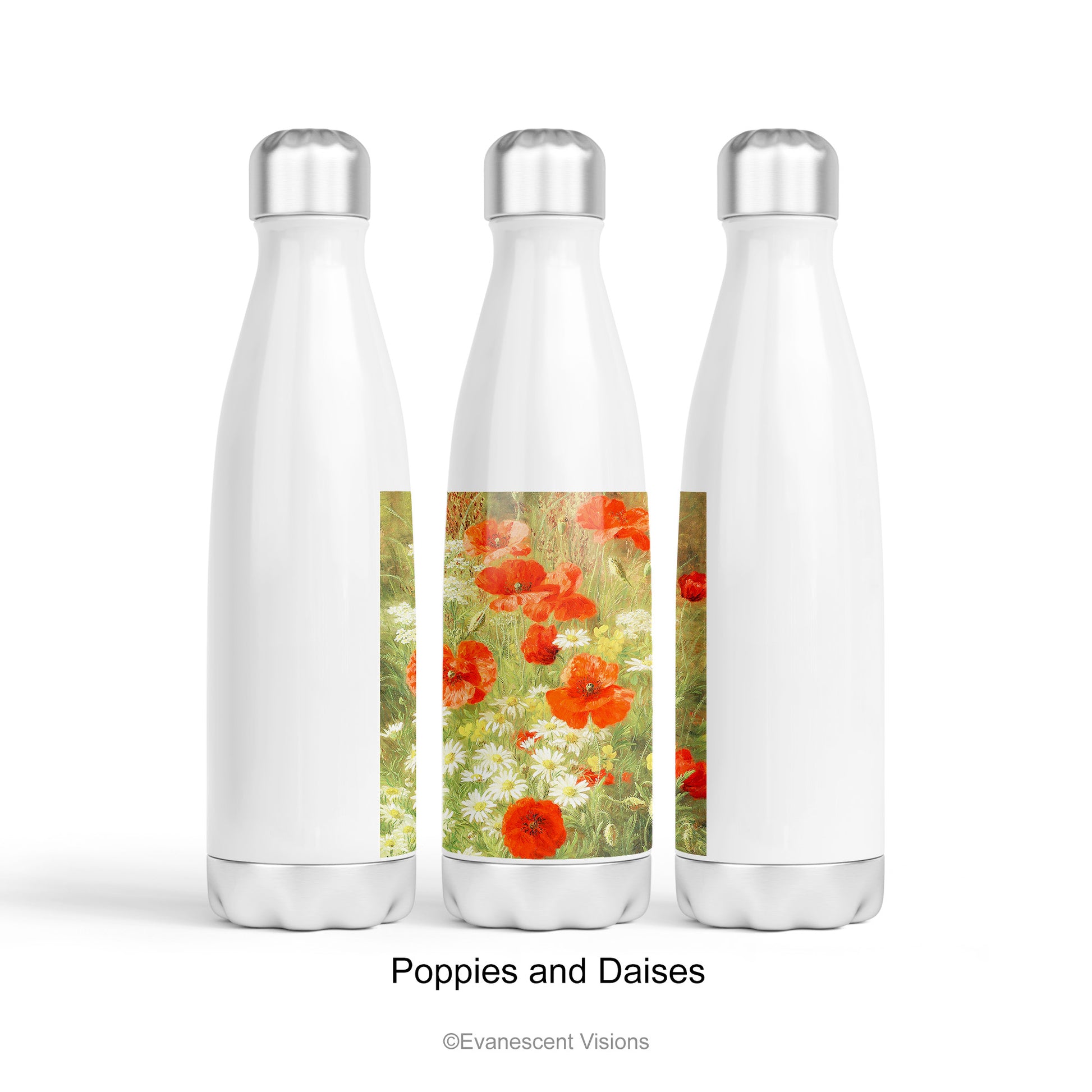 Three Stainless Steel Water Bottles with the design option 'Poppies and Daisies' 