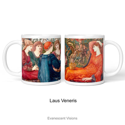 Left and right side views of A white ceramic mug featuring a detailed classical painting print oLaus Veneris by Edward Burne Jones