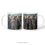 Left and Right views of A white ceramic mug featuring a print of Burne-Jones painting 'Psyche's Wedding. Wedding'  