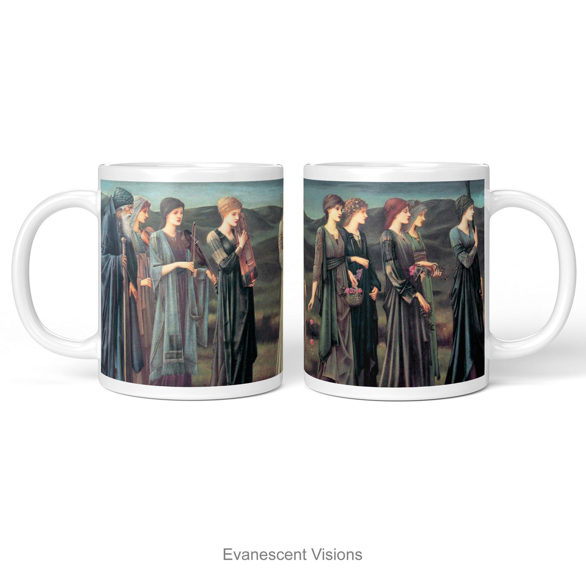 Left and Right views of A white ceramic mug featuring a print of Burne-Jones painting 'Psyche's Wedding. Wedding'  