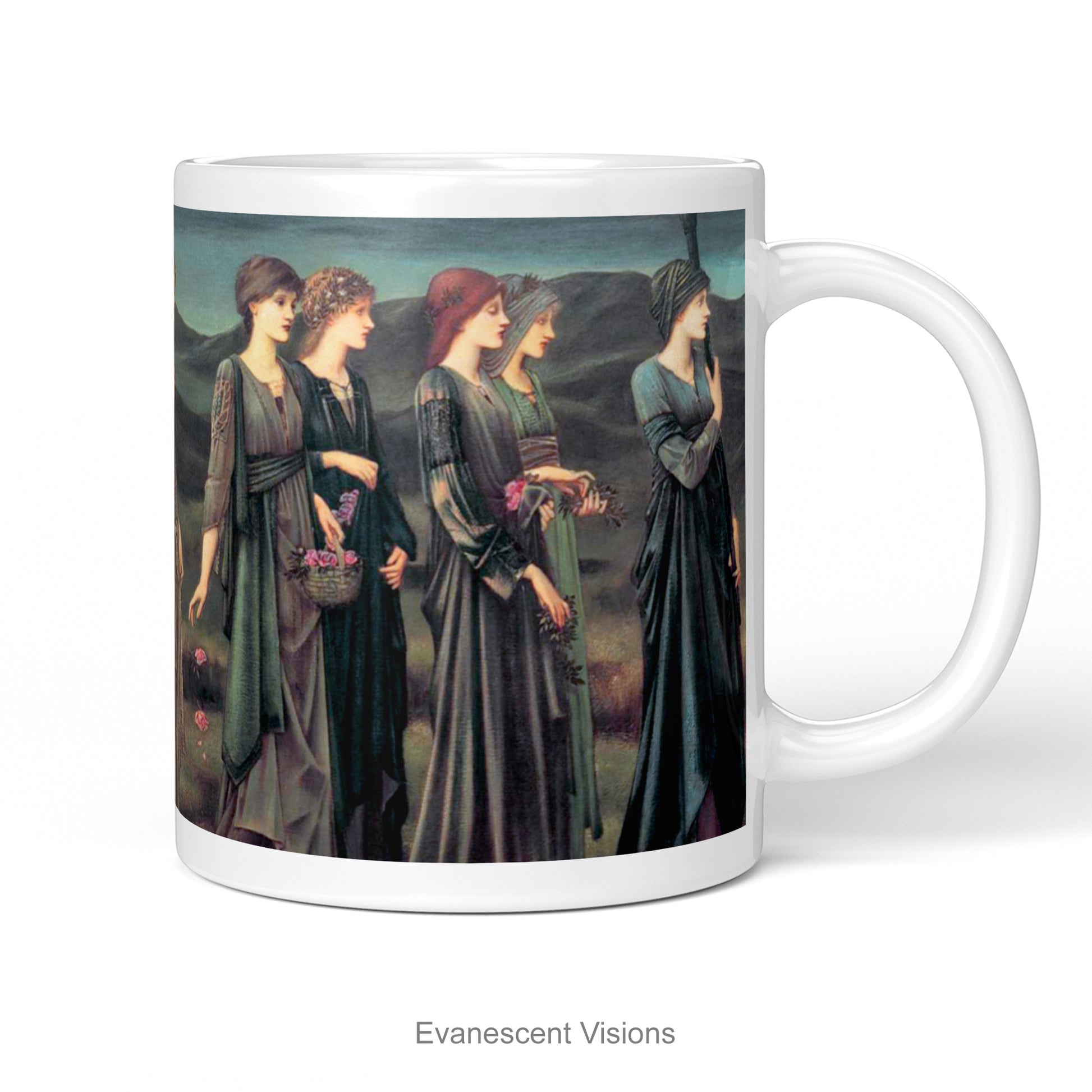 A white ceramic mug featuring a print of Burne-Jones painting 'Psyche's Wedding. Wedding'  