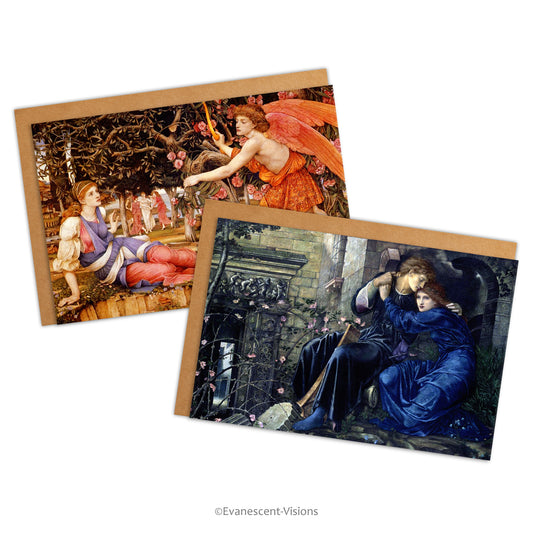 Two cards and envelopes with Pre-Raphaelite designs, 'Love and the Maiden' by Spencer Stanhope and 'Love among the Ruins' by Edward Burne-Jones