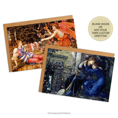 Two cards and envelopes with Pre-Raphaelite designs, 'Love and the Maiden' by Spencer Stanhope and 'Love among the Ruins' by Edward Burne-Jones. Sticker says 'blank inside or add your own custom greeting.'