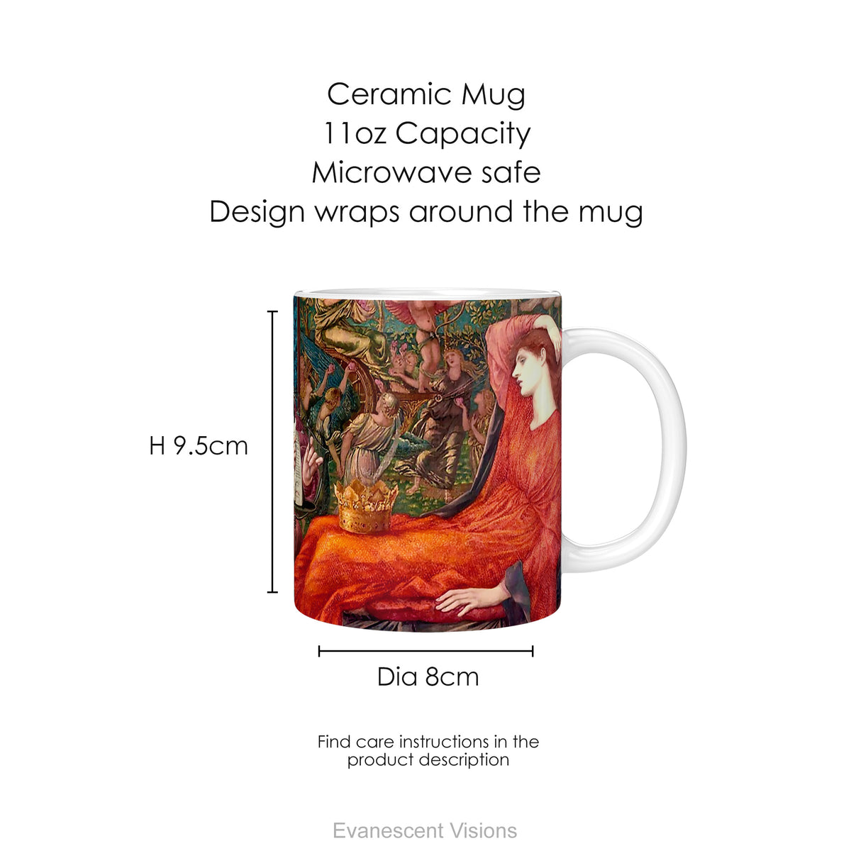 A ceramic mug featuring painting 'Laus Veneris', showing mug dimensions.