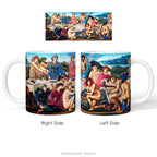 A mug featuring a detailed print of the classical painting 'The Feast of Peleus' byy Edward Burne Jones shown from the right and left sides.