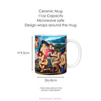 A white ceramic mug with print of classical painting 'The Feast of Peleus' byy Edward Burne Jones.,  shown with mug dimensions.