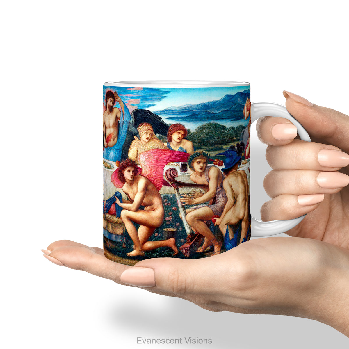 A hand holding a white ceramic coffee mug featuring a detailed print of the classical painting 'The Feast of Peleus' byy Edward Burne Jones. 