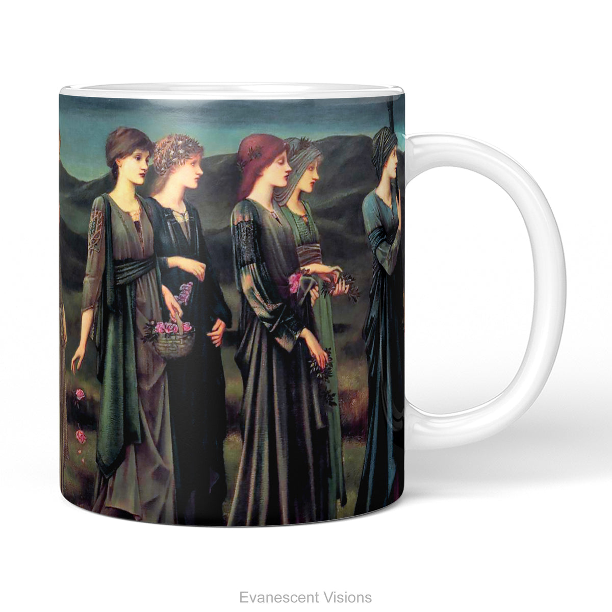 A ceramic mug featuring a print of Burne-Jones painting 'Psyche's Wedding, 