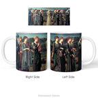 A  ceramic mug featuring a print of Burne-Jones painting 'Psyche's Wedding, shown from the right and left sides.