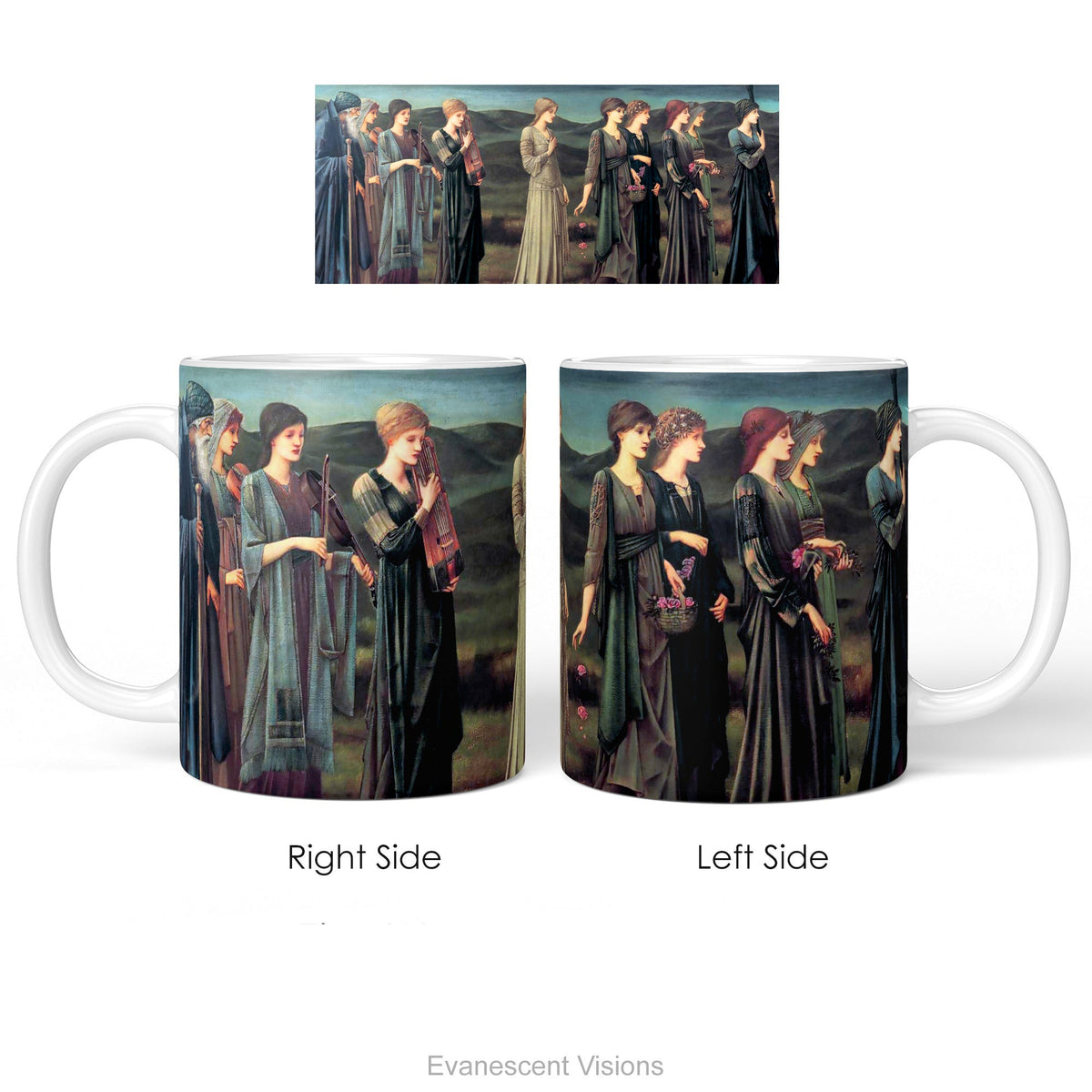 A  ceramic mug featuring a print of Burne-Jones painting 'Psyche's Wedding, shown from the right and left sides.