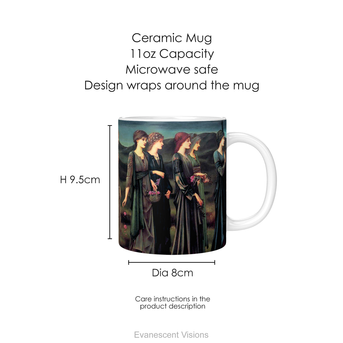 A white ceramic mug featuring a print of Burne-Jones painting 'Psyche's Wedding,  shown with dimension labels.