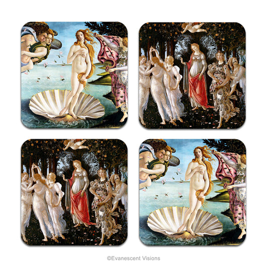 Set of four coasters decorated with details from Botticelli's 'Birth of Venus' and 'Primavera.'